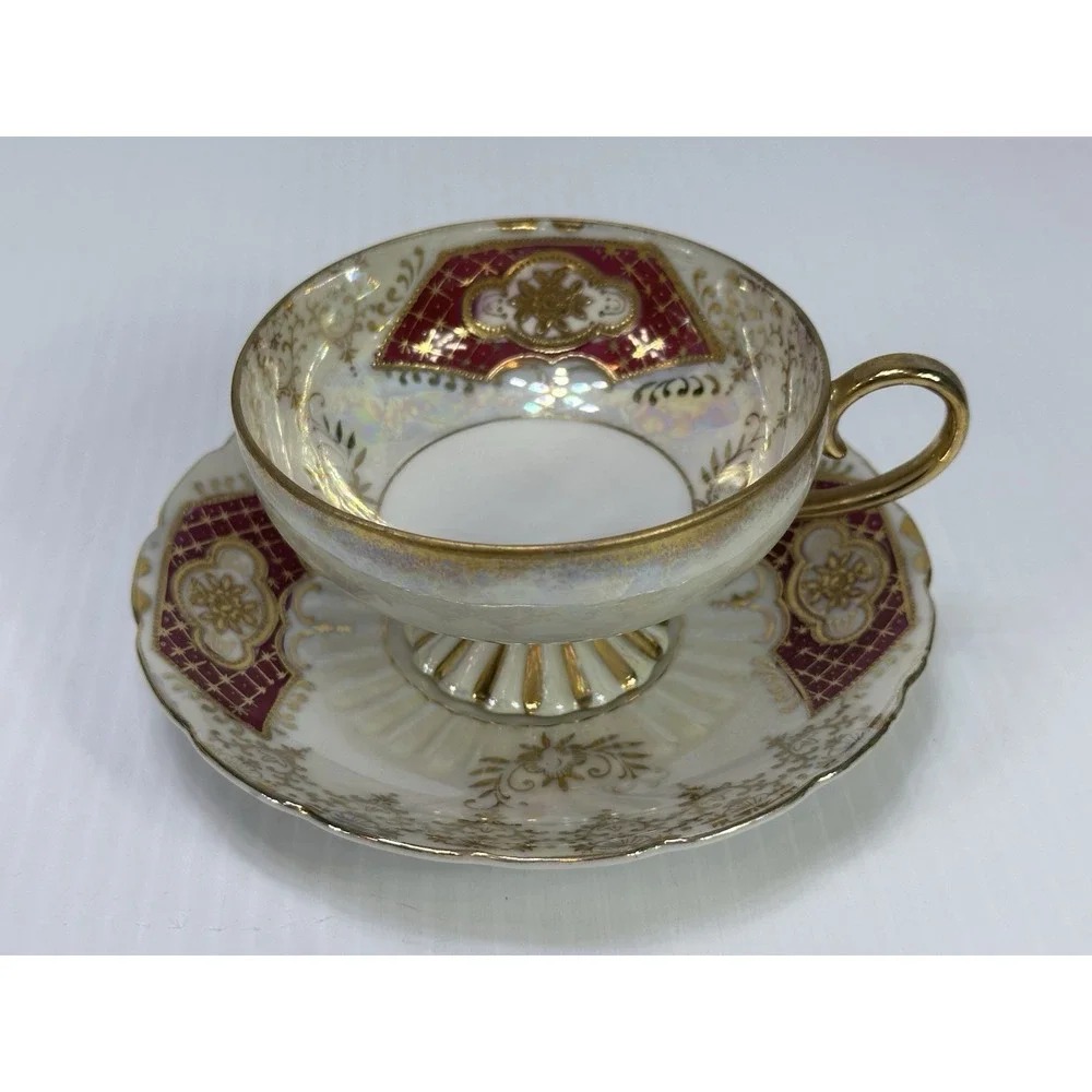 VTG Royal Sealy‎ China Japan Footed Teacup & Saucer Lustreware Red Gold White 2